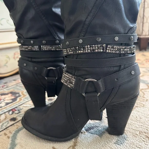 Not Rated Stacey High Harness Slouchy Boots Rhinestone Straps And Buckles - Picture 12 of 16